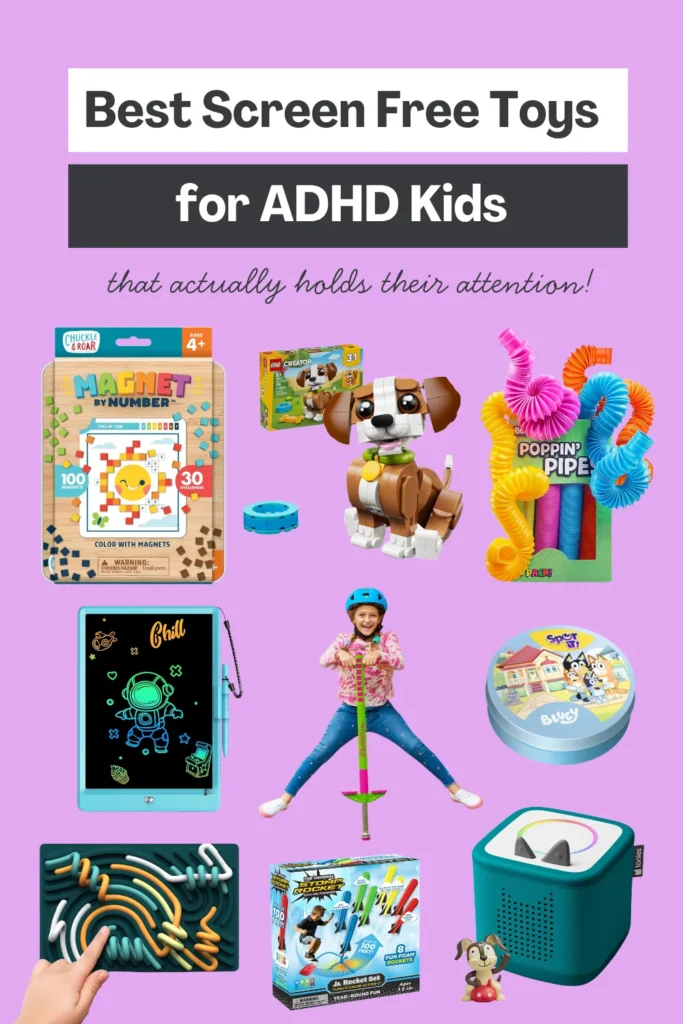 collage of best screen free toys for ADHD kids including fidget toys sensory activities and creative play