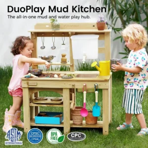 Tiny Land Outdoor Mud Kitchen for Kids, Wooden Play Kitchen with Water Tank, Water & Cooking Play, Sensory Fun, Weather-Resistant with Storage, Ideal for Toddlers Ages 3+