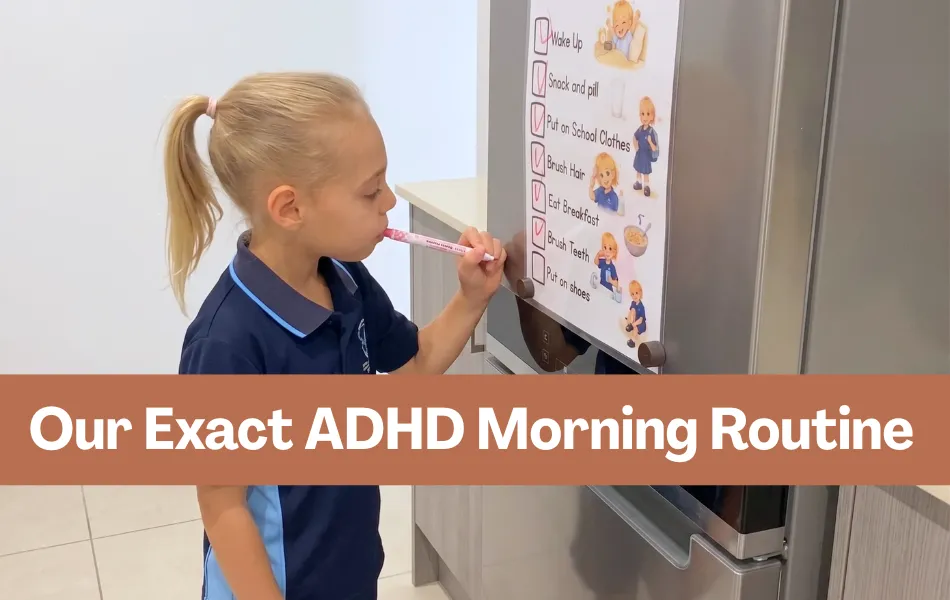 Young girl with ADHD checking off her morning routine visual checklist on the fridge
